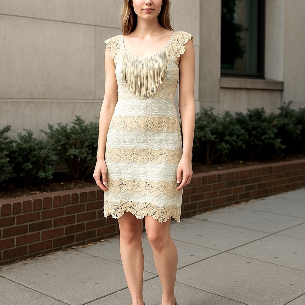Linen and Lace Crochet Flapper Tassel Dress S - Picture 2 of 6